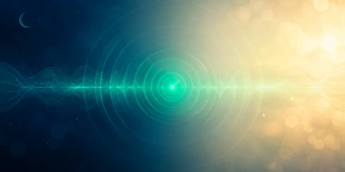 Composición abstracta con una esfera de reloj difuminada y ondas concéntricas verdes que representan llamadas entrantes atendidas a cualquier hora del día y la noche