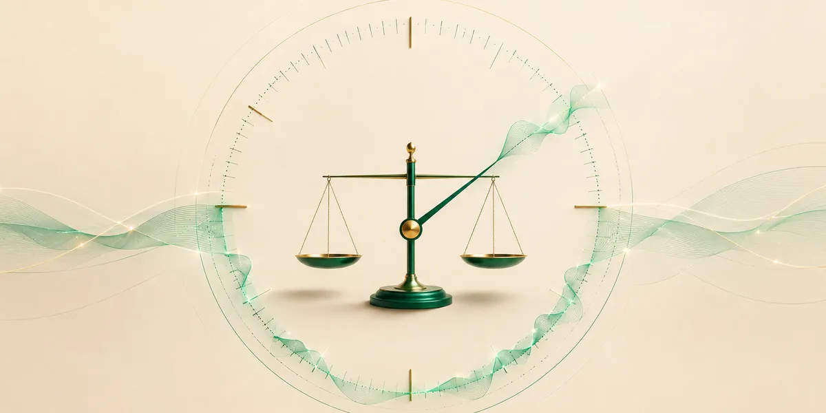 Reloj abstracto cuyo segundero traza una onda sonora alrededor de una balanza estilizada en tonos verdes, evocando el equilibrio entre tiempo de respuesta y obligaciones legales de la nueva ley de atención al cliente