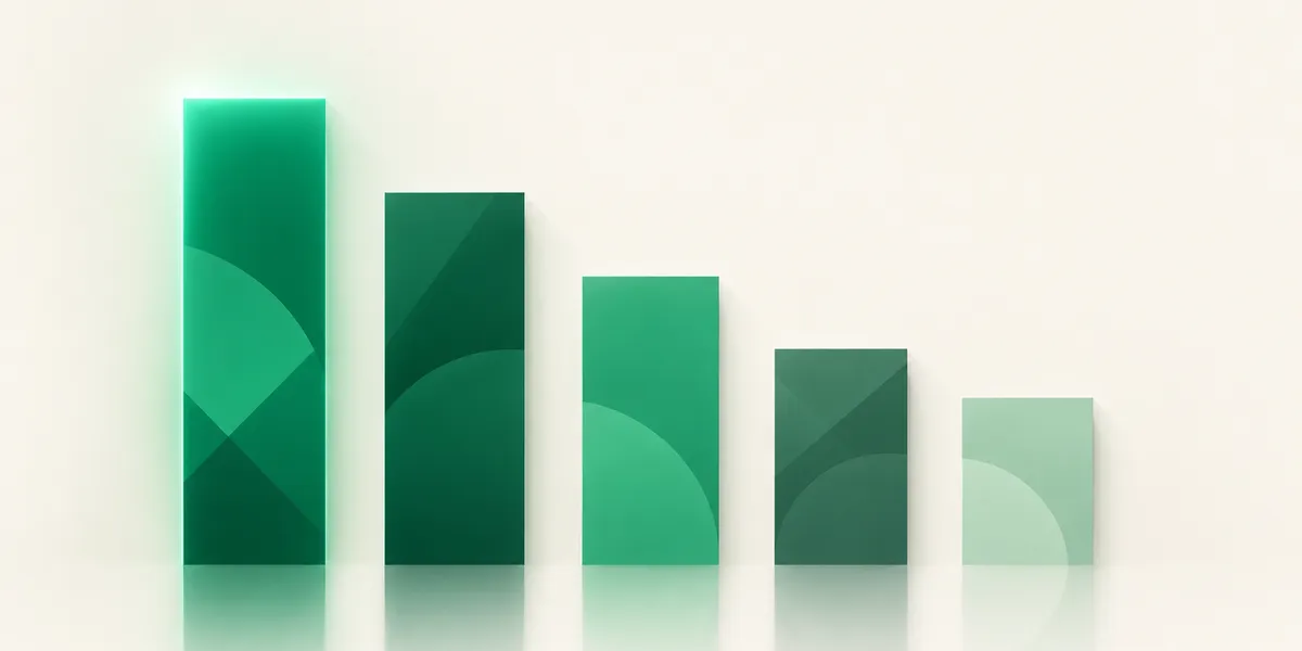Composición abstracta con cinco columnas verdes de distinta altura sobre fondo claro, representando la comparativa de cinco servicios de secretaria virtual para despachos profesionales en España