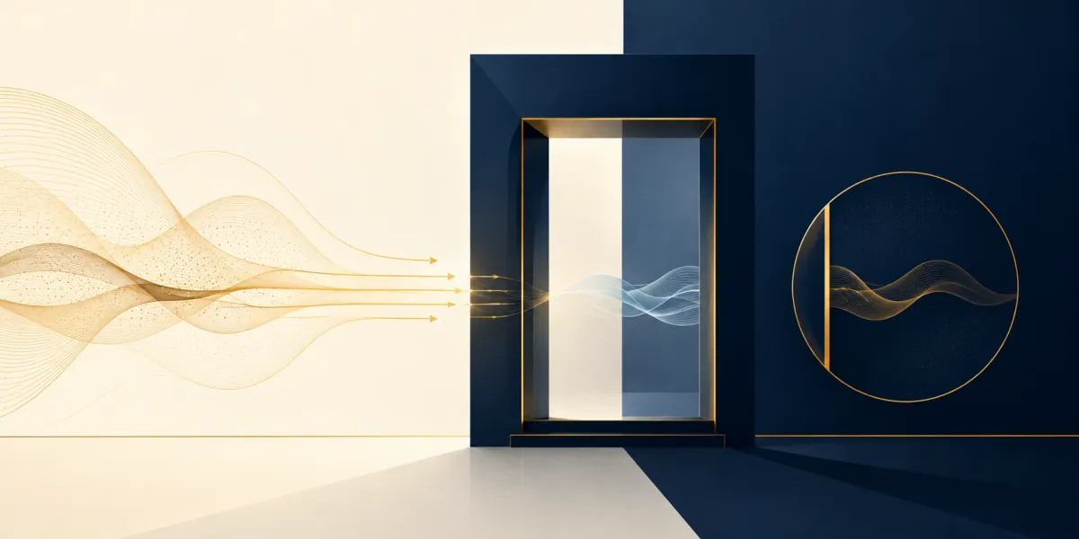Composición abstracta en tonos azul profundo y dorado con un pórtico geométrico que filtra ondas de voz: unas pasan hacia el interior y otras se retienen en una zona cerrada, evocando la recepción de llamadas de un despacho de abogados