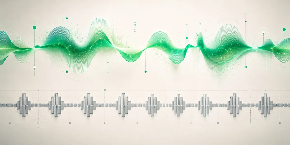 Onda sonora en verde Loqia que se desdobla en dos: una con patrón regular y limpio (voz IA bien montada) y otra plana y entrecortada (voz IA mal montada), sobre fondo neutro y abstracto