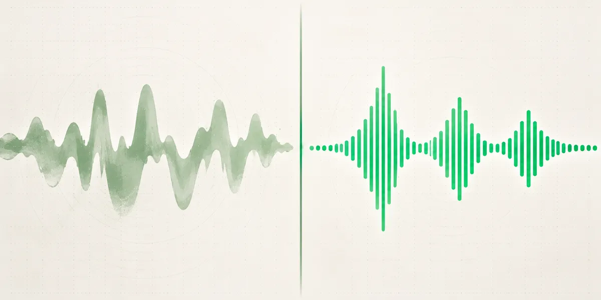 Composición abstracta dividida en dos mitades verdes con ondas de voz contrapuestas, una orgánica y otra digital, sobre fondo claro, representando la decisión entre secretaria virtual humana e IA de atención de llamadas